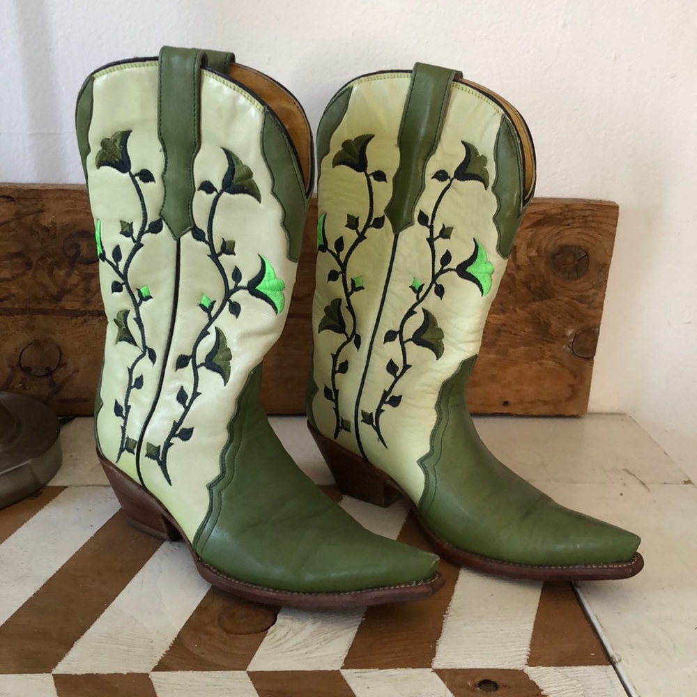 Green genuine leather women’s cowboy boots